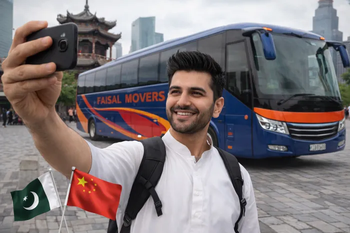 A boy is taking selfie in China while Faisal Movers bus is behind him